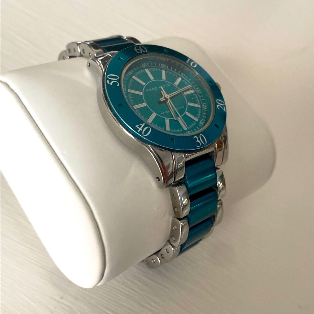 Anne Klein Teal Blue Dial & Enamel Link Silver Tone Sport Bracelet Watch - Picture 6 of 16